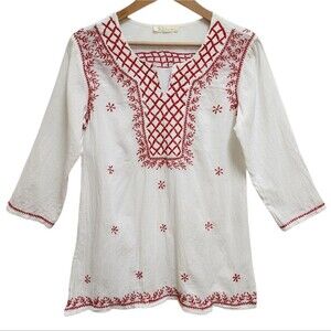 Solitare Tunic Top Women M White Red Cotton Embroidered V Neck Gauzy Boho Beach